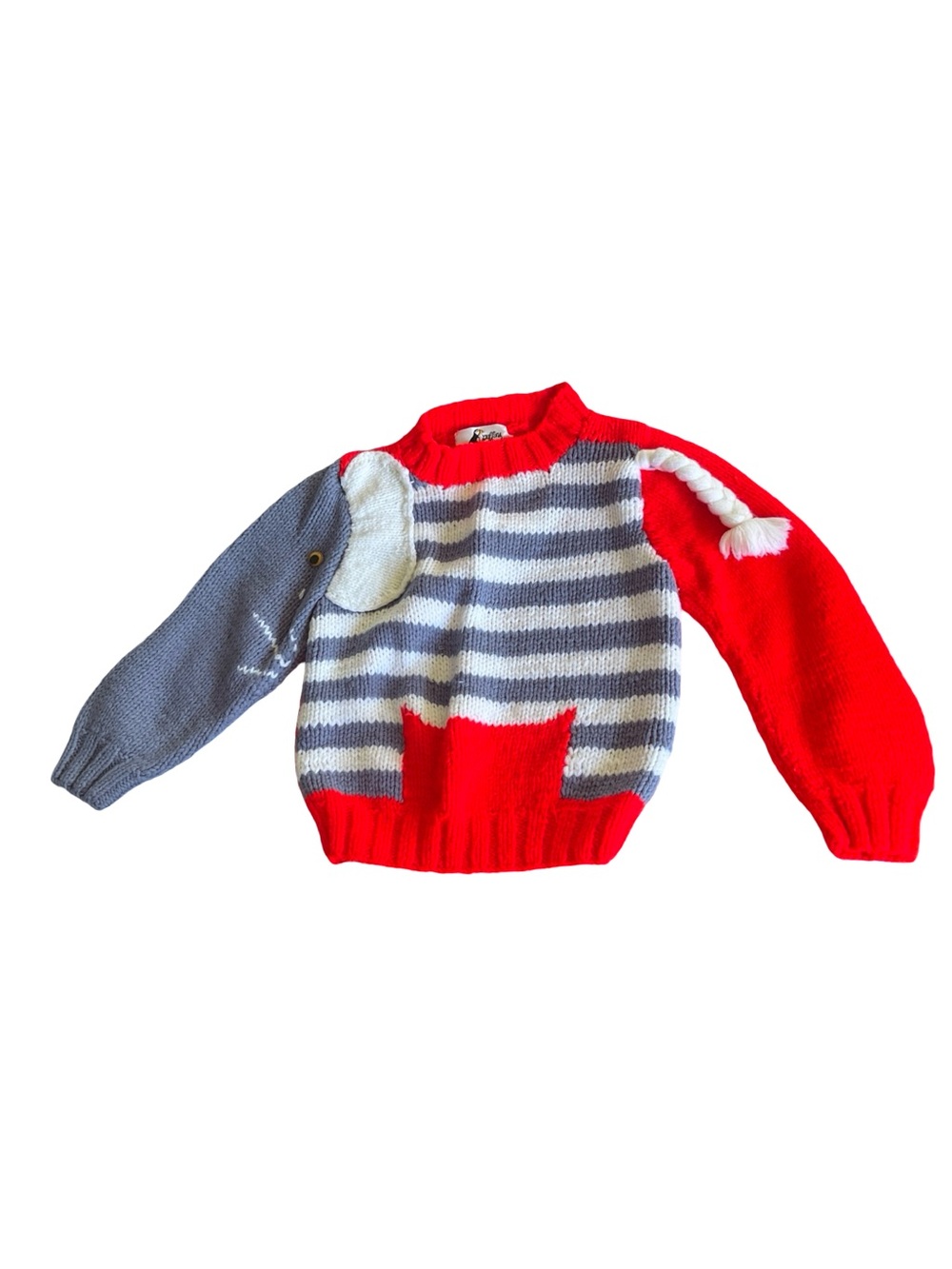 Vintage Puffins Hand Knit Sweater Striped Elephant Red Blue Cute Kids Colorful